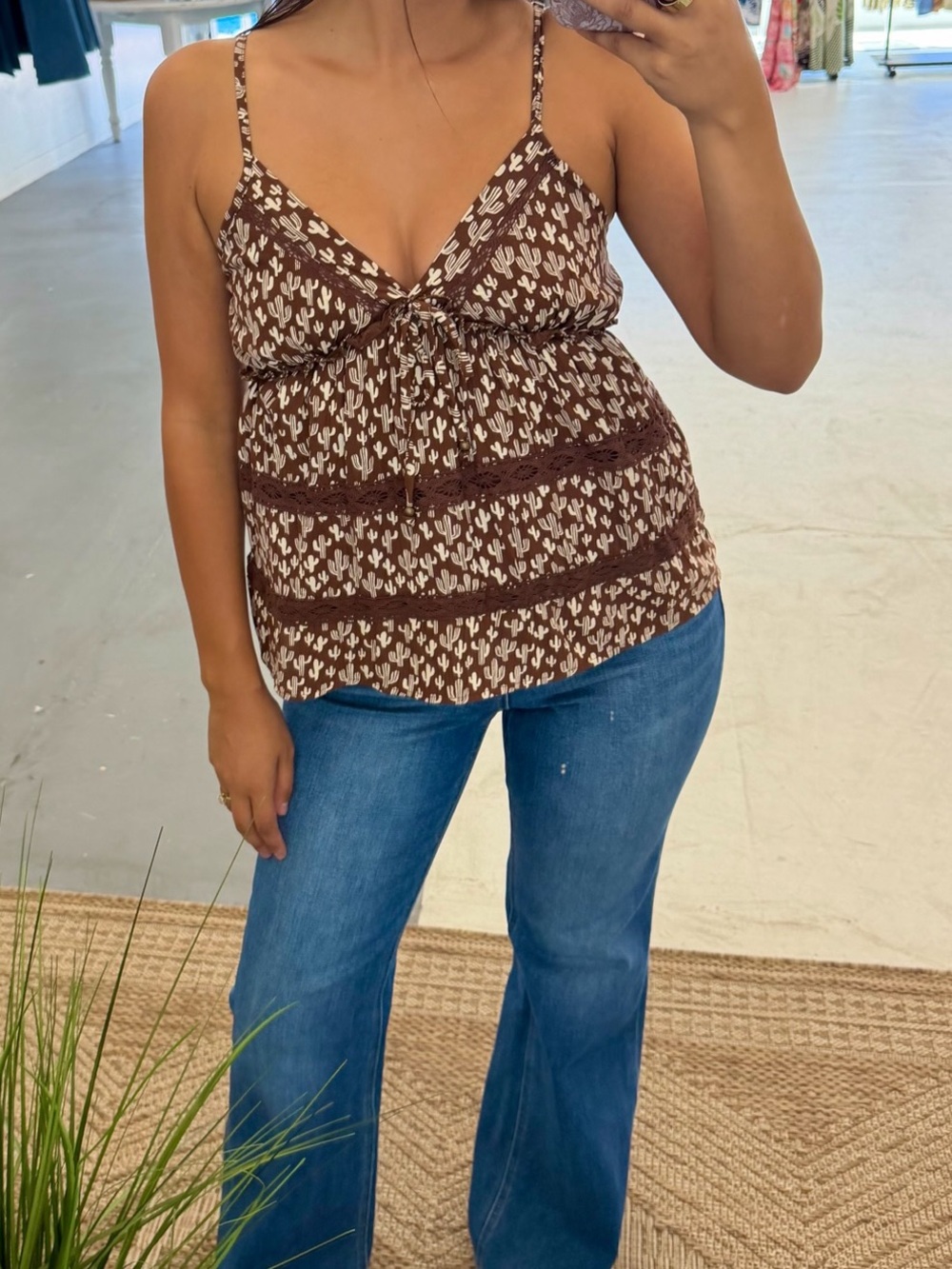 Angie Brown & White Cactus-Print Spaghetti-Strap Cami
